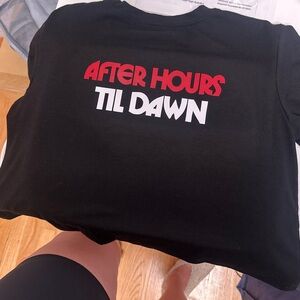 Black Graphic Tee with Red and White Text